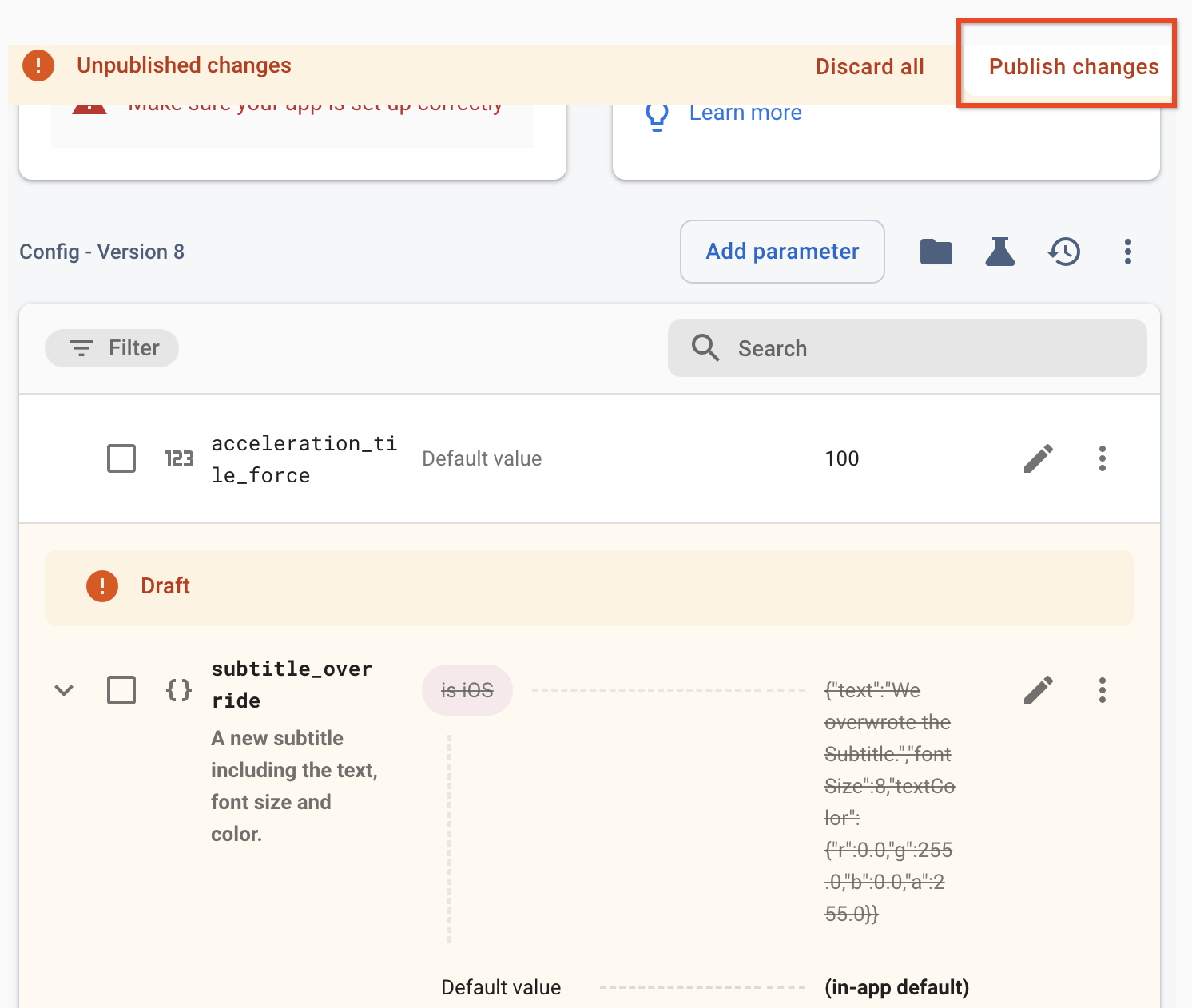 Opción Publicar\ncambios en la página de Remote Config