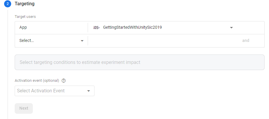 El paso de segmentación de una configuración\nde A/B Testing, con una app seleccionada