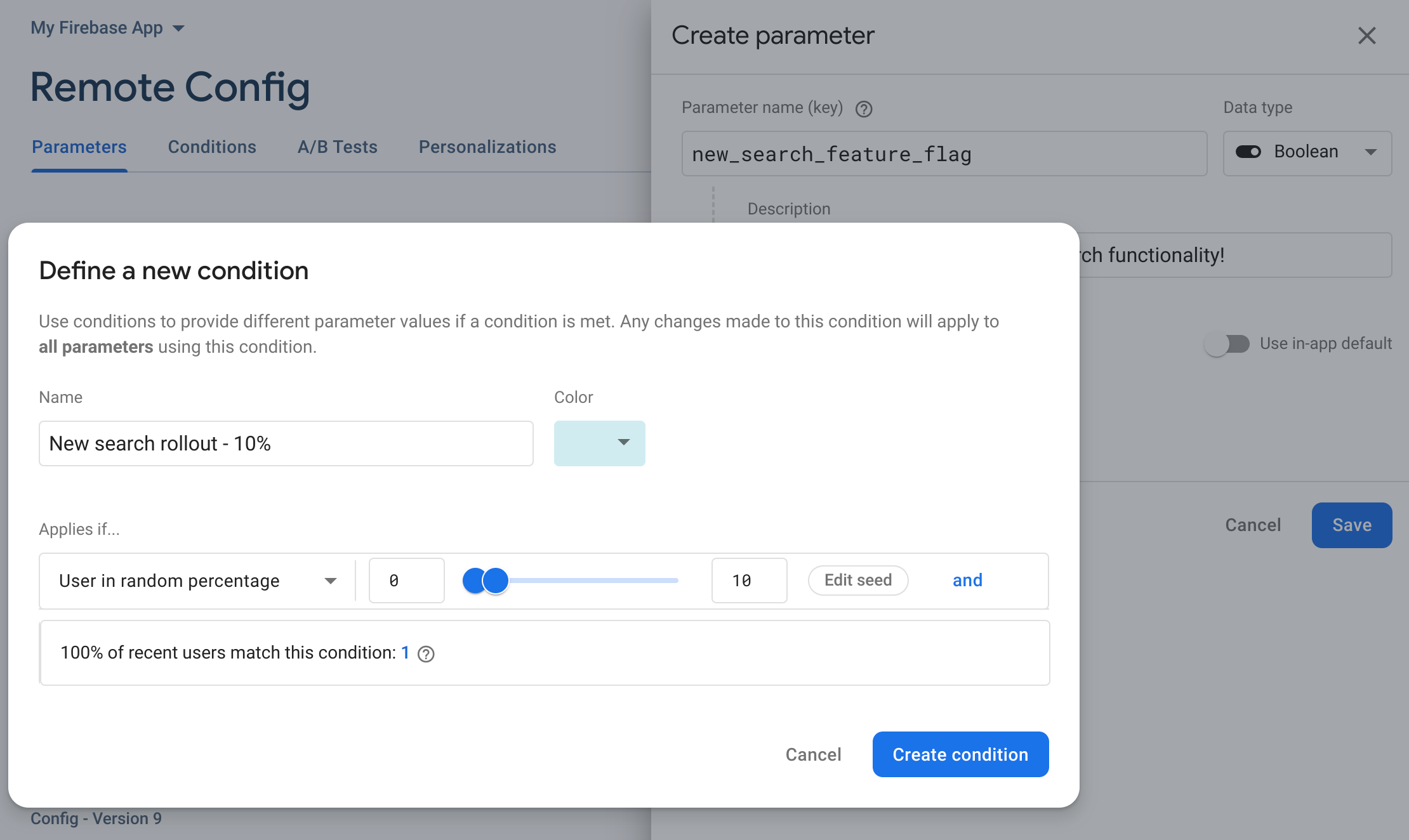 Image moving through the Firebase console GUI steps to perform a percentage rollout on an existing parameter