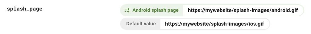 Capture d&#39;écran de &quot;splash_page&quot; dans la console Firebase indiquant sa valeur par défaut pour iOS et sa valeur conditionnelle pour Android